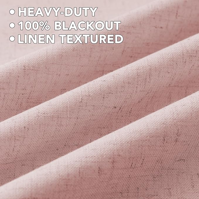 H.VERSAILTEX Linen Curtains 100% Blackout Curtains for Bedroom 120 inch Long Full Light Blocking Nature Linen Blended Window Curtains for Living Room Nickel Grommet (2 Panels, Heathered Baby Pink)