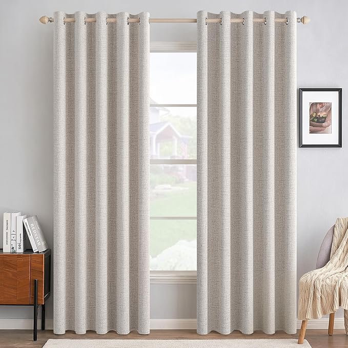 MIULEE 100% Blackout Linen Curtains for Bedroom 62x84 Inches Ivory | Room Darkening, Light Blocking, Thermal Insulated, Grommet Top, Linen Textured, Window Curtains for Living Room, 2 Panels