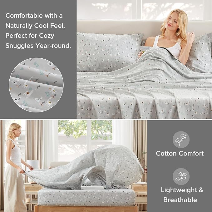 Comfort Spaces 100% Cotton Percale Sheets King Sheet Set 4 Pcs, Lama Multi | Crisp, Cool & Breathable Bed Sheets, 14" Deep Pocket Fits Up to 16" Mattress, Lightweight, All Season Cozy, with Pillow Case