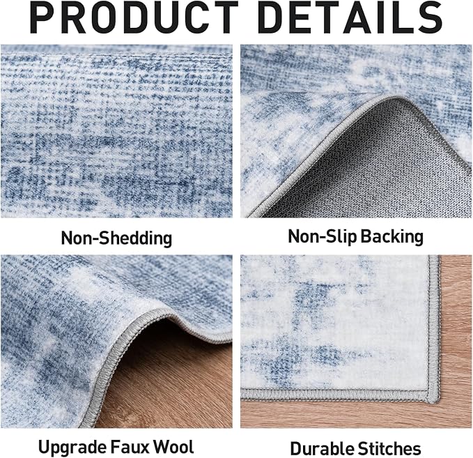 6x9 Area Rugs for Living Room: Washable Abstract Blue White Badroom Carpet | Non-slip TPE backing makes this washable soft low-pile rug safe & durable, Pet-friendly decor for dining room,nursery,office