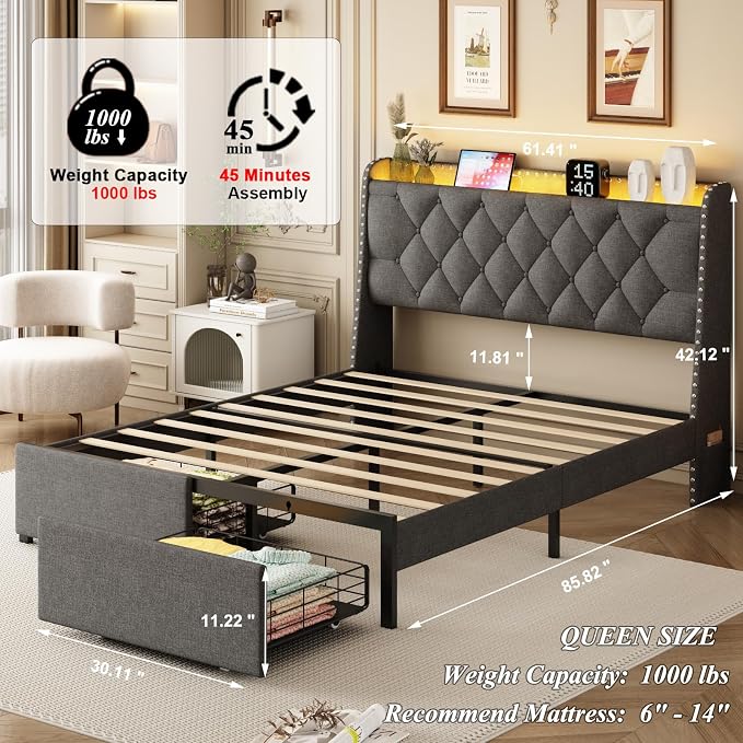 Queen Size Bed Frame with Storage Headboard and 2 Drawers, Upholstered Button Linen Platform Bed frame with Led Lights and Charging Station, No Box Spring Needed, Easy Assembly, Noise Free, Gray