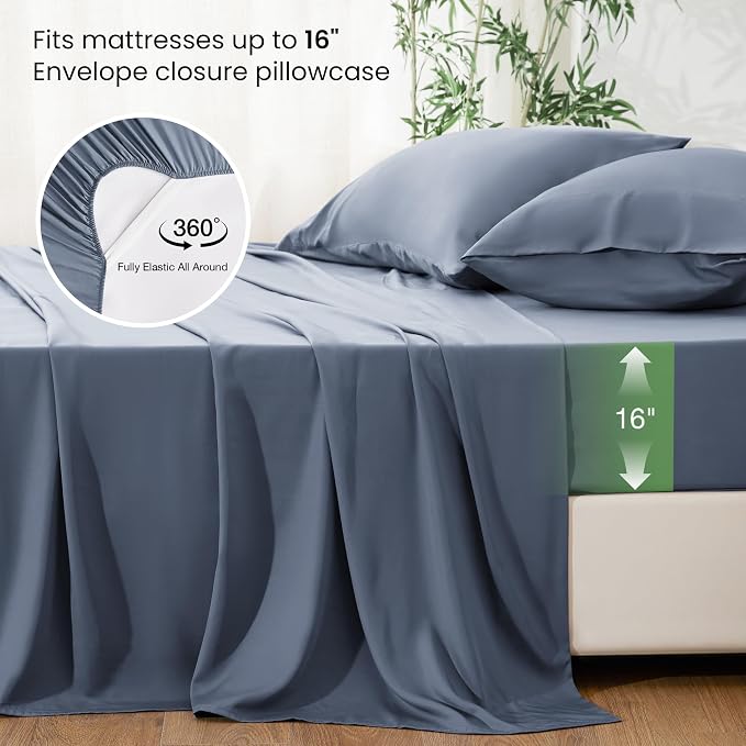 Love's cabin 3 Piece Twin Sheet Set, 100% Rayon Derived from Bamboo, Cooling & Breathable, Soft Silky Deep Pocket up to 16", Hotel Luxury Bedding for Hot Sleepers, Bluish Grey