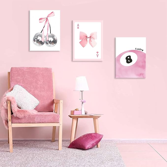 Framed Pink Canvas Wall Decor Set of 3, Pink Bow Wall Art Oil Painting, Girls Preppy Room Decor Picture, Trendy Disco Ball Print Poster for Teen Girl Apartment Bedroom Living Room Aesthetic 12x16 Inch