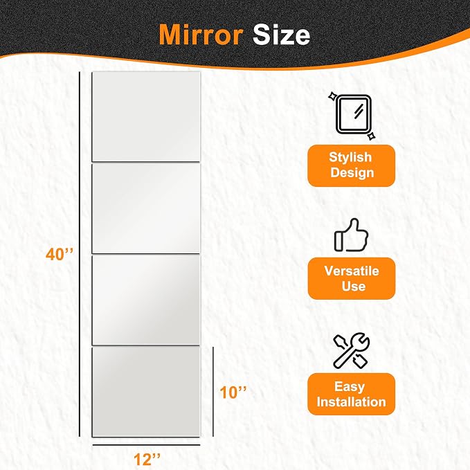 Frameless Mirror Tiles 12"x10"x4 Pcs Wall Mounted | Shatter Resistant, Full Length, Tempered Glass Panels, For Home Gym Bathroom Bedroom & Living Room Decor