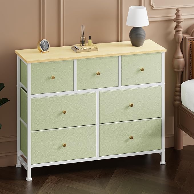 Sweetcrispy 7 Drawer Dresser for Bedroom Storage with Fabric Bins, Green | Anti-Tip Closet Organizer, Wooden Top and Sturdy Steel Frame, Spacious Drawers for Clothes Storage, Hallway Entryway