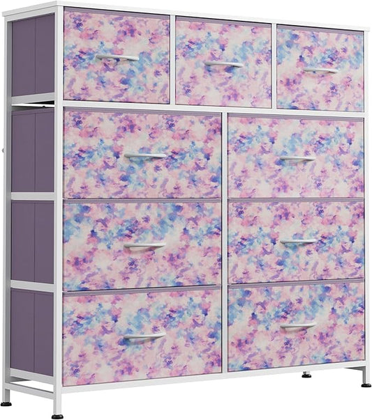 WLIVE Tall Dresser for Bedroom, 9 Drawer Chest of Drawers, Tie-Dye | 9 roomy fabric drawers, Tall storage design, Bedroom or closet use, Sturdy steel frame, Smooth wood tabletop