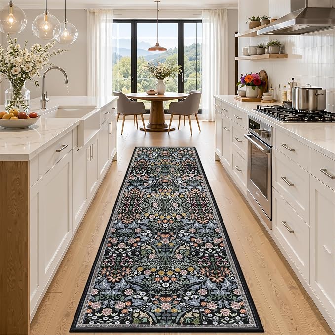 PLHXFR 2.6x10 Washable Runner Rug：Floral Indoor Kitchen Carpet Dark Black | For Hallway Bedroom Kitchen Laundry Bathroom Dorm,Vintage Floral,Machine washable,Non Slip,Stain Resistant,Indoor Floor