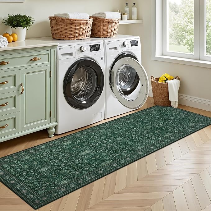 Hallway Runner Rug: 2.6x8 Kitchen Rugs for Living Room Deep Green | Runner Rug Hallway Washable Rug No Slip Soft Bedroom Rug Indoor Floor Stain Resistant Carpets for Entryway, Laundry, Bathroom