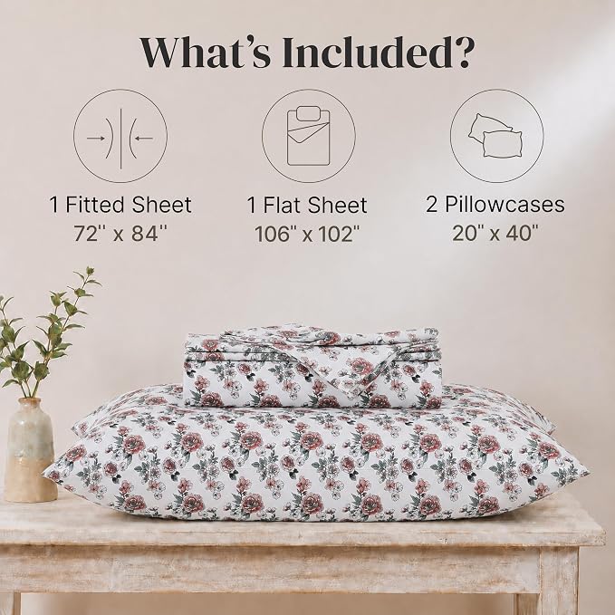 Modern Threads Printed 4-Piece Extra Soft Bedding Sheets & Pillowcase Set, Deep Pocket up to 16 inch Mattress Rose Bloom Cal King
