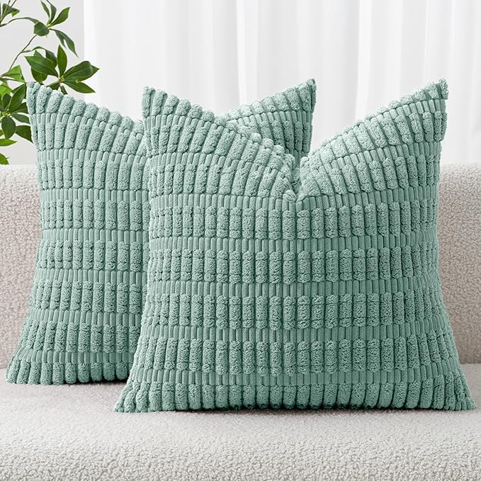 MIULEE Corduroy Decorative Throw Pillow Covers 20x20 Teal Green Pack of 2 | Soft Boho Striped Pillow Covers Modern Farmhouse Home Decor For Sofa Living Room Couch Bed