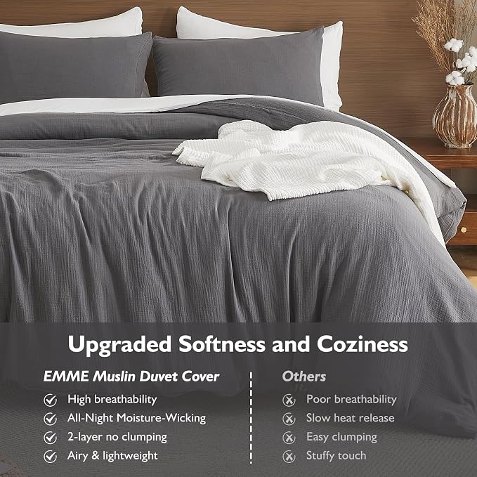 EMME Muslin Cotton Duvet Cover Set Queen Size Linen Like Soft Breathable Lightweight Summer Comforter Cover Set with Zipper Closure (Dark Grey, Queen, 90"x90")
