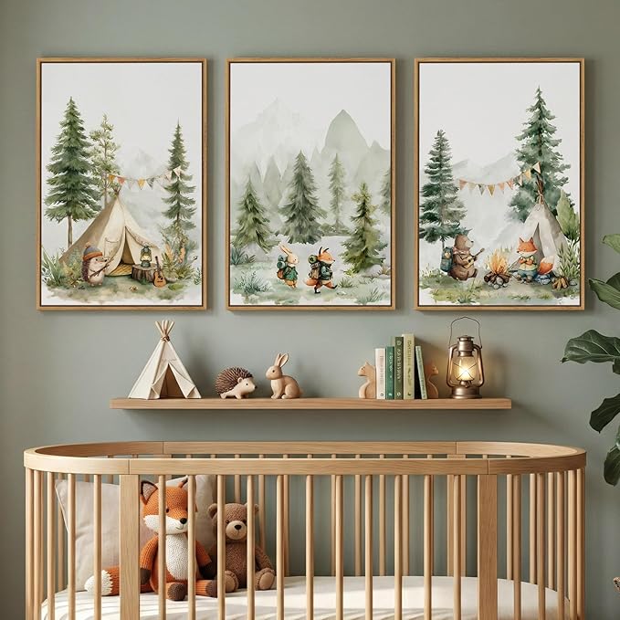 Framed Forest Animal Wall Art for Nursery, 3 Piece Nature Cute Whimsical Bear Fox Rabbit Canvas Painting Prints for Modern Farmhouse, Rustic Cabin Toddler Girl Artwork for Bedroom Kids Room, 16x24