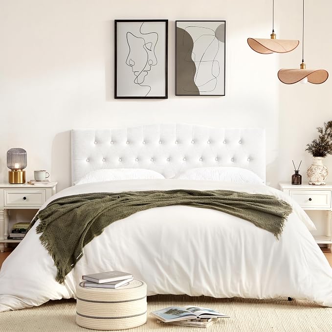 Tufted Headboard Queen Size, Solid Wood Adjustable Height Head Board, White | Upholstered Queen Headboard Only with Durable Solid Wood Legs, Adjustable Height 37-51 in, Fabric Button Diamond HeadBoards