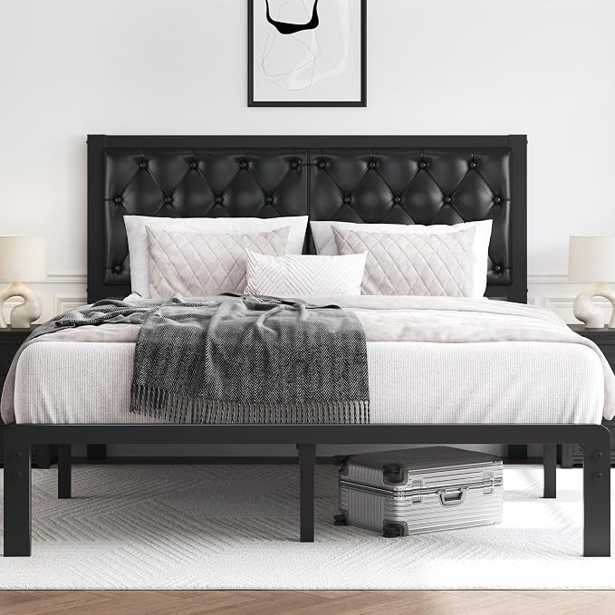 HISOFT Queen Bed Frame with Upholstered Button Tufted Headboard, Bed Frame Platform Metal Slats Support, Under Bed Storage, No Box Spring Needed, Noise-Free, Easy Assembly, Black