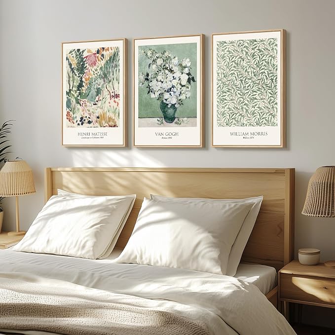 Framed Large Van Gogh Wall Art for Living Room, 3 Pieces Vintage Sage Green Canvas Painting Artwork for Walls, Botanical Wall Art Prints for Bedroom, Guest Room, Hallway, Home Office Wall Decor, 16x24 Inch | Fine art, Matisse, William morris, Floral, N...