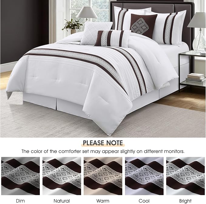 7 Piece Comforter Set, Coffee White, Queen Size, Boho Style Geometric Microfiber Embroidery, Bed in a Bag with Bedskirt, Pillow Shams and Decor Pillows