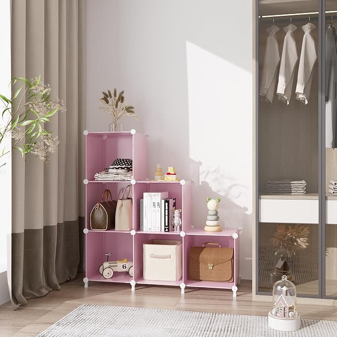 AWTATOS Cube Storage Organizer, Closet Organizers, 6 Cube Shelf, Pink | Portable Closet Storage Shelves, DIY Stackable Storage Cubes Bookshelf, Plastic Clothes Organizer Shelving for Bedroom, Home