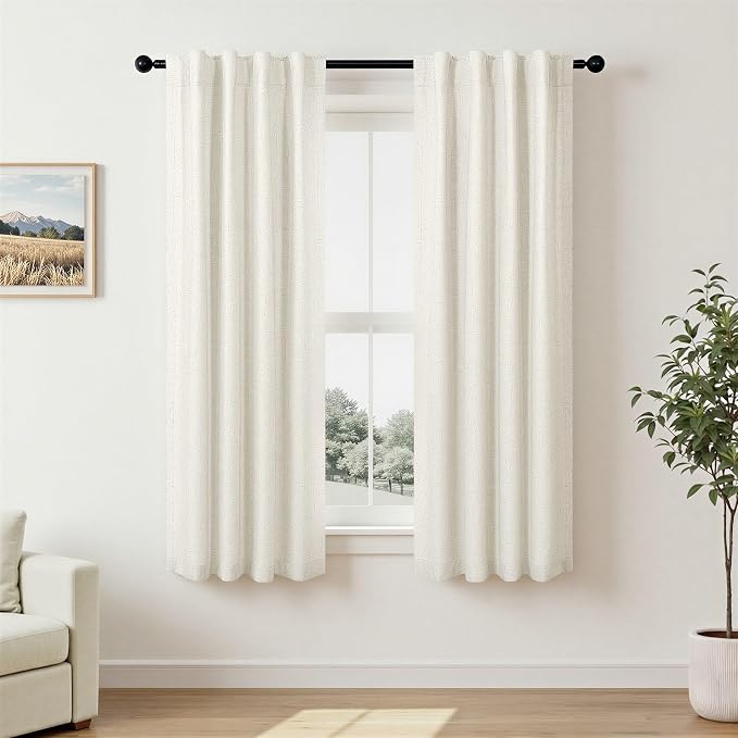 Pitalk 100% Blackout Cream Ivory Linen Curtains 48 Inches Long Linen Textured Living Room Kitchen Curtains Full Room Darkening Black Out Short Curtain for Bedroom Window 2 Panels 36 x 48 Inch Length