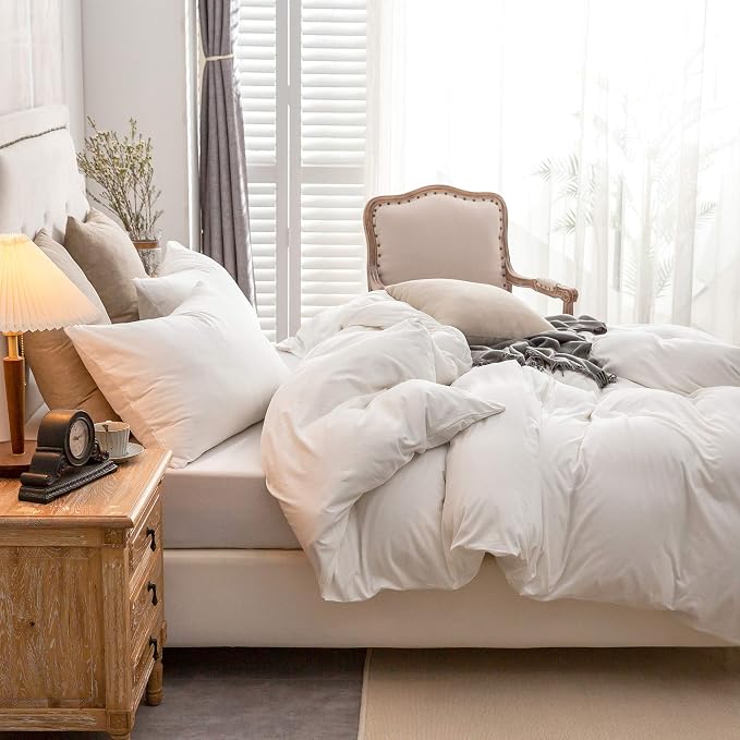 PURE ERA Jersey Knit Sheet Set Solid Off White Twin | 100% Cotton, 3 Piece Set, T Shirt Soft, Breathable, Envelope Closure Pillowcases, Hidden Zipper, 8 Ties, No Insert, Modern