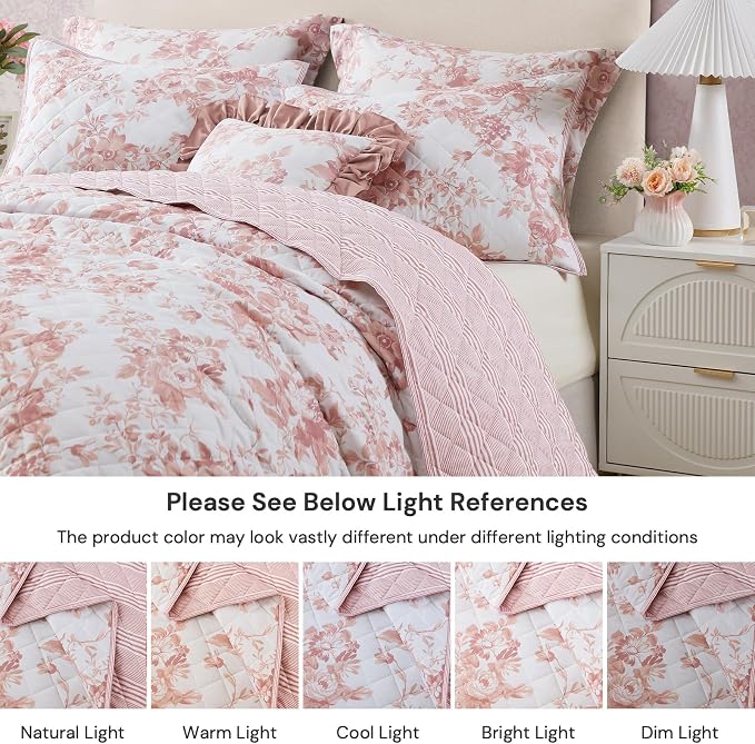 BLOOMHAVEN Queen Quilt Set-3 Pieces Soft Bedding Floral Reversible Coverlet | All Seasons Lightweight Quilts Queen Size for Bed, Breathable Vintage Bedspread with Shams, Dusty Rose Pink