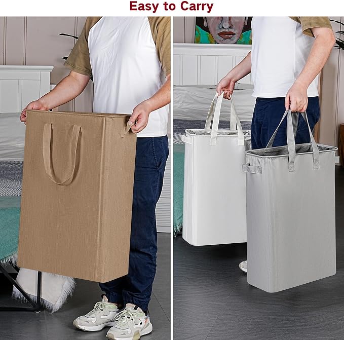 efluky Slim Laundry Basket, Narrow Laundry Hamper with Handles, Collapsible Dirty Clothes Hamper, Tall Laundry Bin for Laundry Room, Dorm and Bedroom, 19.8 Gallon (75L) Flax Brown