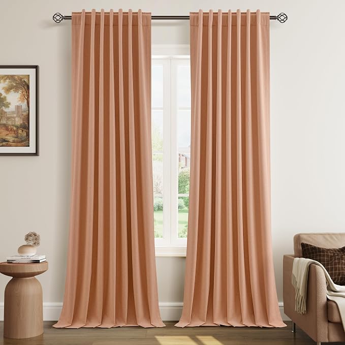 100% Blackout Curtains 90 Inch Length 2 Panels Set for Living Room Bedroom Back Tab Thermal Insulated Black Out Linen Drapes Room Darkening Peach Quartz,52x90