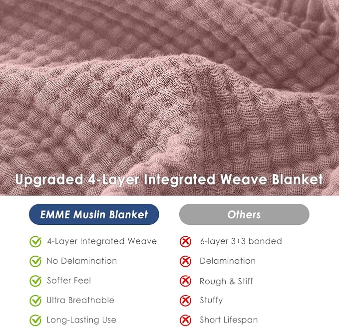 EMME Muslin Blankets for Adults Throw Blanket for Couch Breathable Gauze Soft Lightweight Airy Dusty Pink Twin XL 66" x 90"