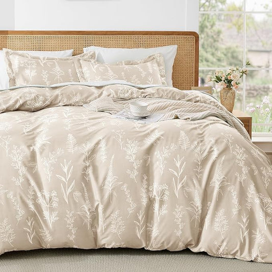 MUXHOMO Duvet Cover King Size, Reversible Floral Beige Duvet Cover Set with Zipper Closure, 3 Pieces Botanical Patterns Soft Microfiber Bedding Set (90"x104", 2 Pillow Cases 20"×36")