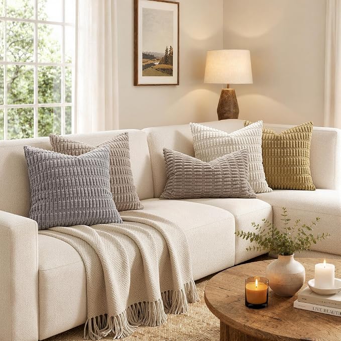 MIULEE Lumbar Corduroy Decorative Throw Pillow Covers 24x12 Light Brown | Pack of 2 Soft Boho Striped Pillow Covers Modern Farmhouse Fall Home Decor For Sofa Living Room Couch Bed