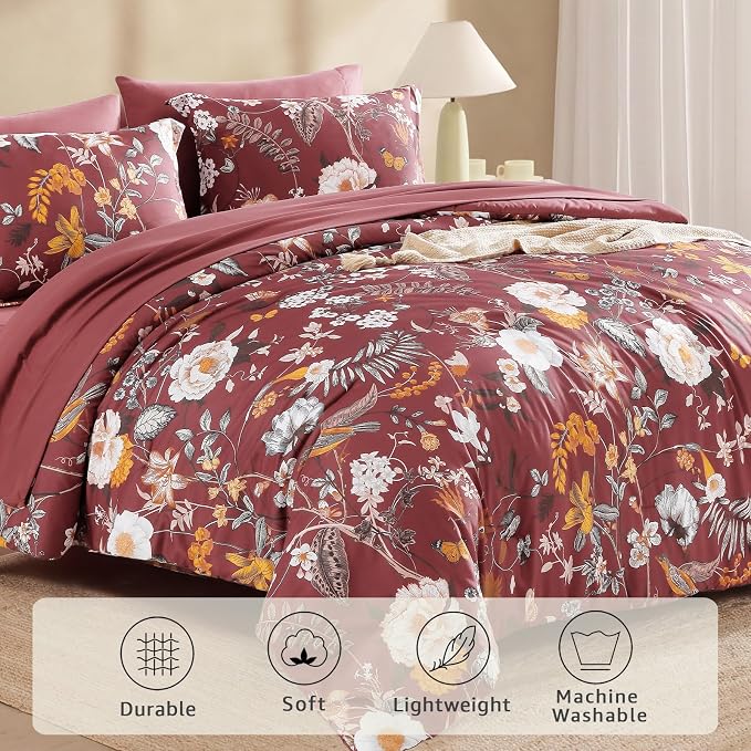 Queen Comforter Set - 7 Pieces Red Floral Bed in a Bag Queen Bedding Sets | All Season Botanical Flowers Comforter Set with Sheets, Pillowcases & Shams