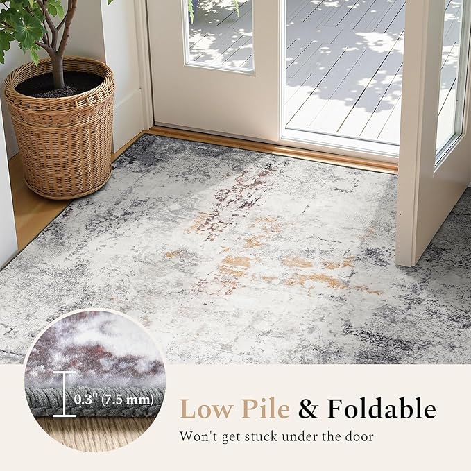 Rugflix 10x14 Area Rugs for Living Room, Washable Beige Grey Large Rug | Machine Washable; Stain-Resistant; Low Pile; Non-Slip; Modern Abstract; Carpet for Bedroom Dining Office Nursery Home
