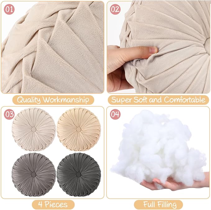 Kathfly 4 Pcs Round Throw Pillows Velvet,Beige, Khaki, Gray, Dark Gray | Pleated Pumpkin Design, Soft Velvet Fabric for Bed Sofa Chair, 14 Inch Diameter Floor Cushion, Elegant Home Decor Accent