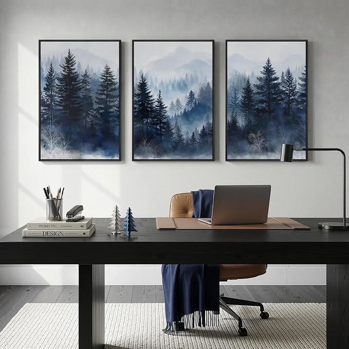 Framed Blue Foggy Forest Mountain Wall Art for Living Room, 3 Piece, 24x36 | Misty pine tree, Foggy scenic, Nature landscape, Solid wood frame, Ready to hang, Bedroom wall decor, Canvas print artwork