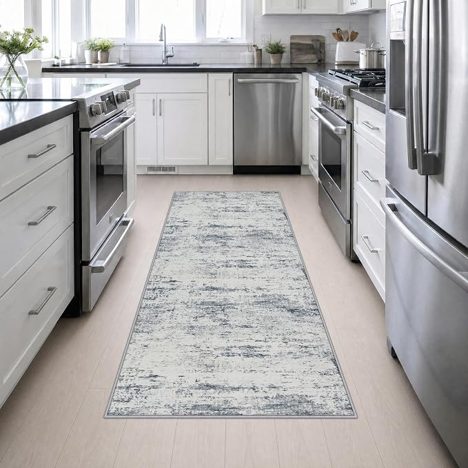 3x8 Washable Runner Rug：Modern Abstract Soft Carpet Blue Grey | For Hallway, Bedroom, Kitchen, Laundry, Bathroom,Door Mat,Modern Abstract,Machine washable,Non-Slip,Stain Resistant,Indoor