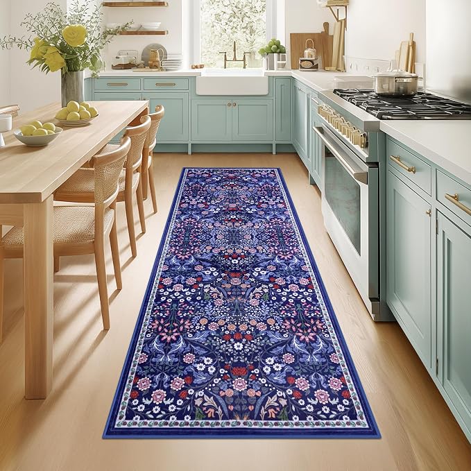 PLHXFR 2x5 Washable Runner Rug：Floral Indoor Kitchen Soft Carpet Blue | For Hallway Bedroom Kitchen Laundry Bathroom Dorm,Vintage Floral,Machine washable,Non Slip,Stain Resistant,Indoor Floor