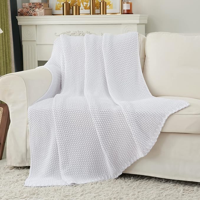 Chunky Cable Knit Throw Blanket Lightweight White 100% Organic Cotton Blanket for Sofa Couch Bed Baby Nursery, Rustic Shabby Chic Modern Farmhouse, Pure White 60” x 80” Give Laundering Bag