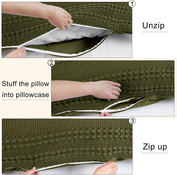 PHF 100% Cotton Waffle Body Pillowcase with Zipper, 1 Pack 20" x 54" Soft Skin-Friendly Pillow Sham, No Filling, Aesthetic Woven and Breathable Waffle Weave Body Pillow Cover for Bed, Capulet Olive