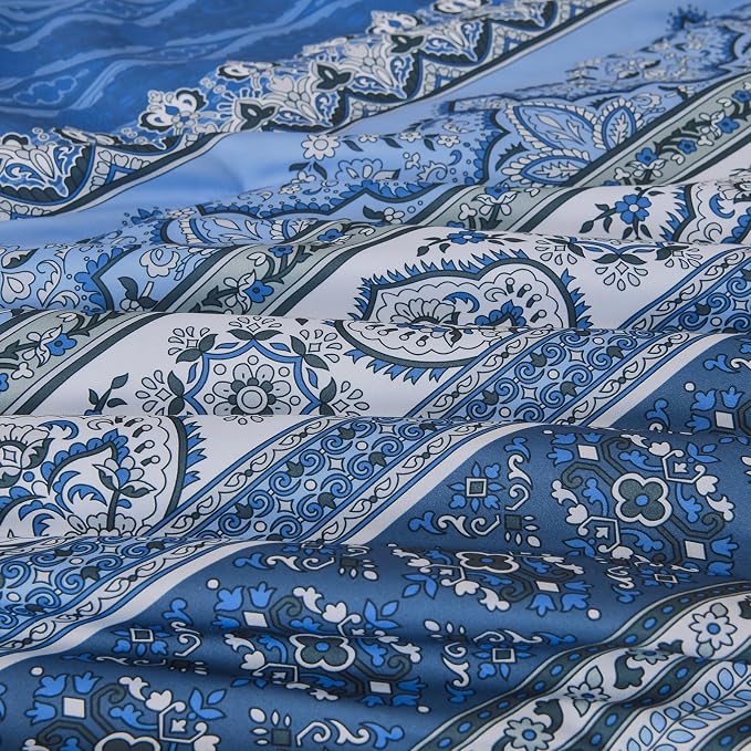 Cottolester Boho Comforter Set Queen Size,8 Pieces Blue and Grey Bohemian Striped Bed in a Bag,Paisley Soft Microfiber Bedding Comforter Set