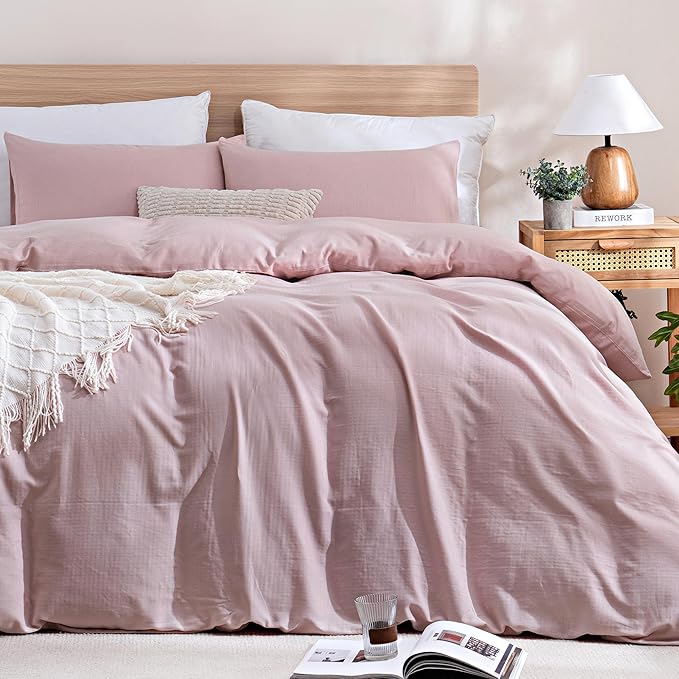 TOCOMOA 100% Muslin Cotton Duvet Cover Set, Pink, Queen | Linen-Like Texture. Ultra Soft, Breathable, Comfy & Lightweight Bedding Set with Zipper & 8 Ties. 3 Pcs, No Insert