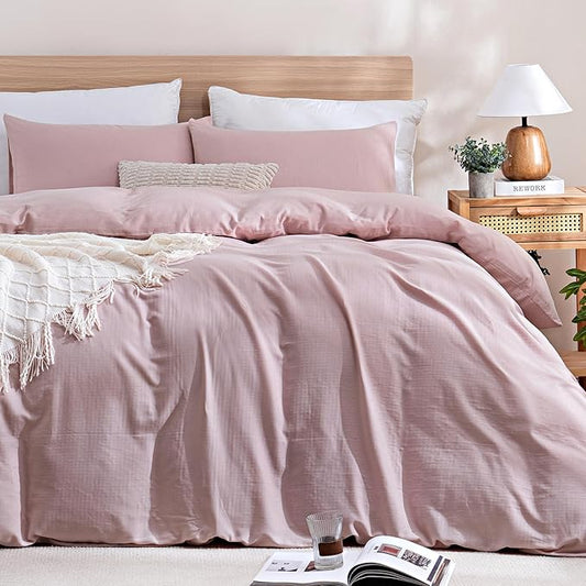 TOCOMOA 100% Muslin Cotton Duvet Cover Set, Pink, Queen | Linen-Like Texture. Ultra Soft, Breathable, Comfy & Lightweight Bedding Set with Zipper & 8 Ties. 3 Pcs, No Insert