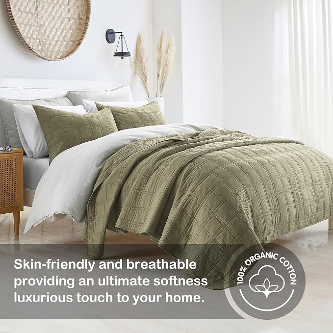 HORIMOTE HOME 100% Cotton Quilt Twin Size Olive Green Bedspread, Pre-Washed 2PCS Cozy Lightweight Stitching Decorative Bedding Cover Coverlet Set with 1 Sham in Geometric Pattern for All Season