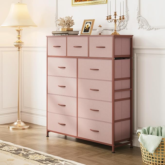 WLIVE Tall Dresser for Bedroom, 11 Drawer Chest of Drawers, Pink | 11 fabric storage drawers, Tall high-capacity design, Bedroom or dorm use, Sturdy steel frame, Smooth wood tabletop