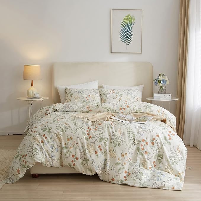 mixinni Floral Duvet Covers King Size Botanical Flower Leaf Printed on White Bedding Duvet Cover Set with Zipper Closure Ties for Him and Her 1 Duvet Cover with 2 Pillowcases-(3pcs, King Size)
