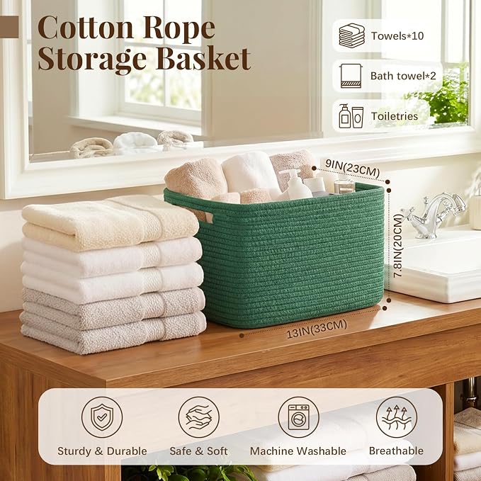 OIASKET 4Packs Natural Cotton Rope Storage Baskets for Organizing Toys, Clothes, Towels & Books, Soft Versatile Organizers for Shelves, Home Decorative Bins, 13''Lx9''Wx7.8''H, Green