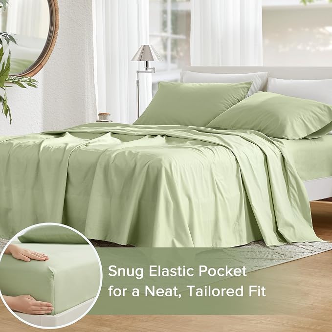Comfort Spaces 100% Cotton Percale Sheets Twin XL Size 3 Piece, Sage Green | Crisp, Cool & Breathable Bed Sheets, 12" Deep Pocket Fits Up to 14" Mattress, Lightweight, All Season Cozy, with Pillow Case