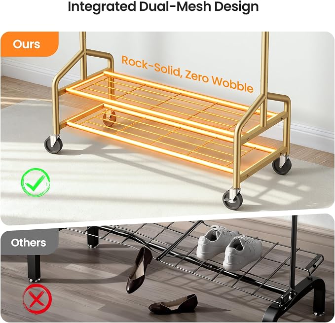 Heavy Duty Clothes Rack, Rolling Clothing Rack Load 650 LBS for Hanging Clothes with 2 Sturdy Shelves, Metal Garment Rack with Wheels for Bedroom, Laundry Room, Retail Store, Gold