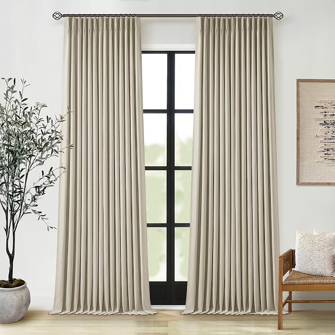 Burlywood Birch 100% Blackout Pinch Pleated Linen Curtains 120 Inches Long | Pinch Pleat with Back Tab, Farmhouse Thermal Insulated Full Black Out, High Ceiling to Floor, Taupe Drapes for Living Room