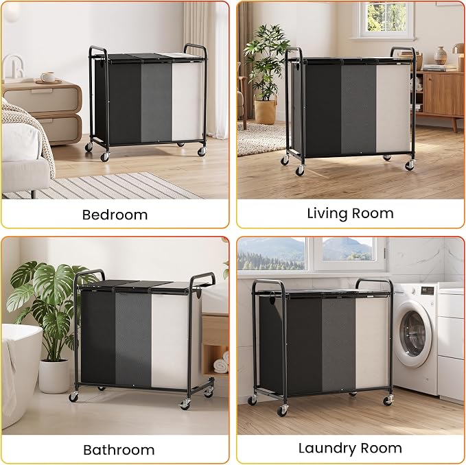180L Laundry Sorter 3 Section, Rolling Laundry Basket with Wheels and Lid | 47.55 Gal Laundry Hamper, 3 Separated Removable Bags, Lockable Wheels, Dirty Clothes Hamper for Laundry Room, Multicolored