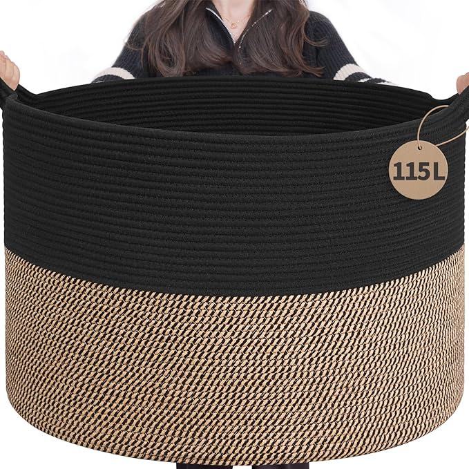 INDRESSME 115L Extra Large Woven Rope Blanket Basket Living Room, Mix Black | 23.6" x 15.7" Storage baskets for toys laundry & pillows. Fits living room, bedroom or nursery décor. Soft-touch with handles