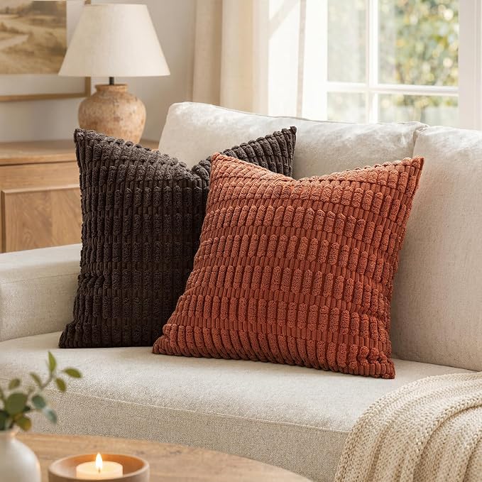 MIULEE Fall Euro Sham Corduroy Decorative Throw Pillow Covers 24x24 Rust | Terracotta Pack of 2 Soft Boho Striped Pillow Covers Modern Farmhouse Autumn Home Decor For Sofa Living Room Couch Bed